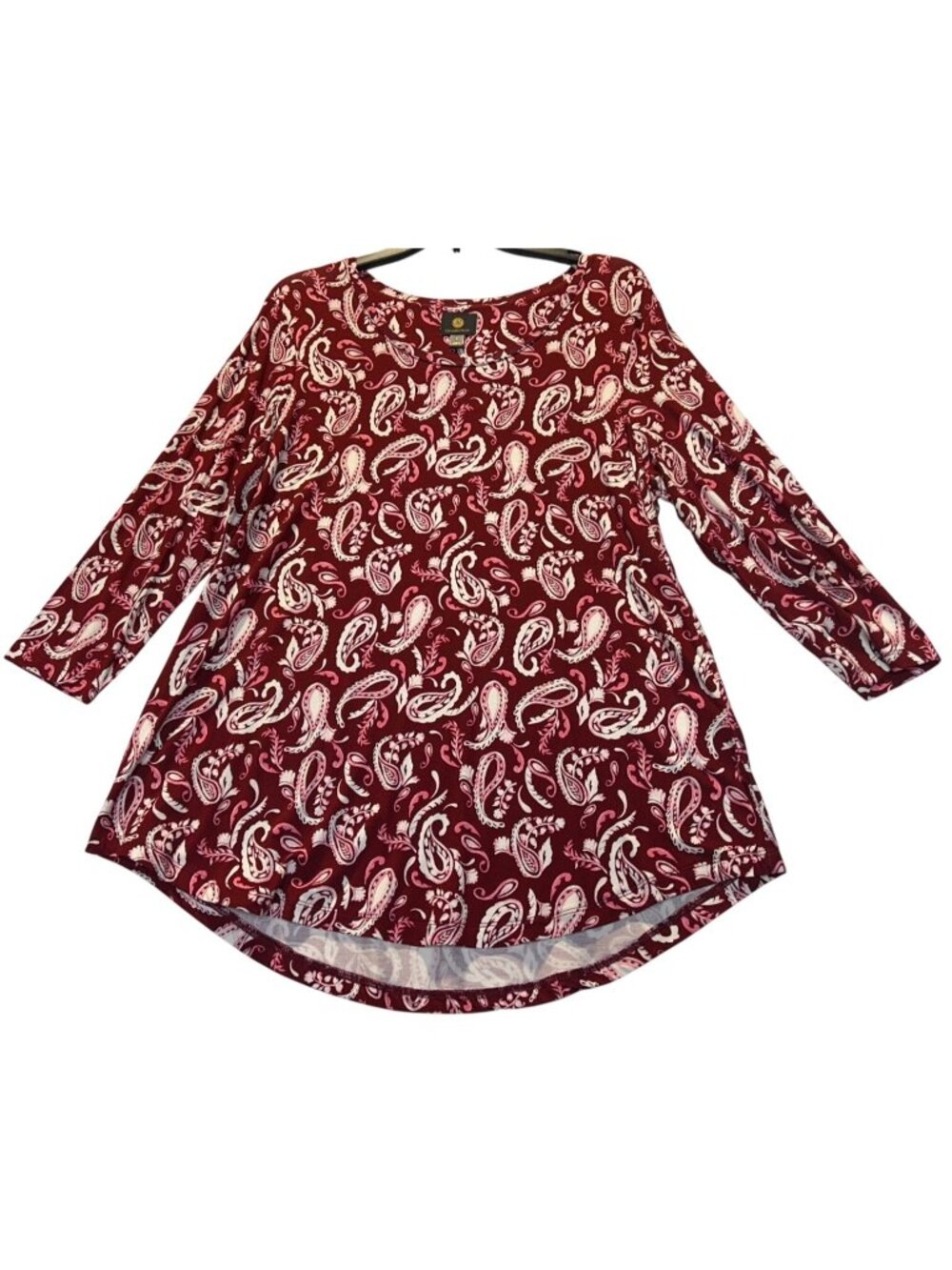 JM Collection Womens Large Paisley Rayon Span Knit Top 3/4 Sleeve Antique Red